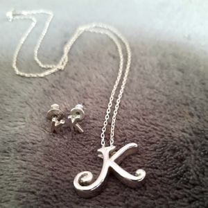 925 Silver Letter K Charm w/ Stainless Steel Letter K earrings set